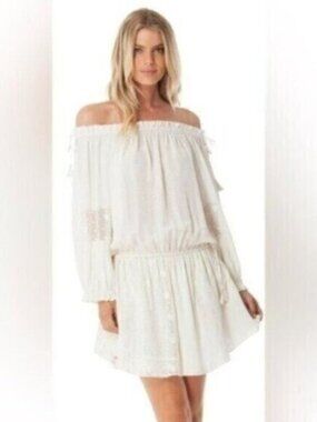 Hale Bob Silk Feminine White Mini Dress Boho Dainty Neutral Beach Off Shoulder
